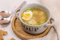 Meatball soup with boiled egg, ditalini pasta, vegetables and fresh herbs. Healthy chicken broth Royalty Free Stock Photo