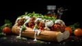 Delicious Meatball Stuffed Sweet Potato Bun With Arugula And Tomatoes