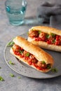 Meatball sub sandwich with cheese and marinara tomato sauce. american italian fast food Royalty Free Stock Photo