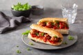 Meatball sub sandwich with cheese and marinara tomato sauce. american italian fast food Royalty Free Stock Photo