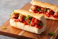 Meatball sub sandwich with cheese and marinara tomato sauce. american italian fast food Royalty Free Stock Photo