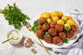 Meatballs and spaghetti balls on a plate, close-up Royalty Free Stock Photo