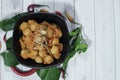 Meatballs with herbs, spices and vegetables with white wood background, top view Royalty Free Stock Photo