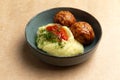Meatballs and mashed potatoes in a plate on a brown background Royalty Free Stock Photo