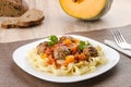 Meatballs with pasta, pumpkin and vegetable sauce Royalty Free Stock Photo