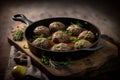 Meatballs served with sauce in frying pan. Tasty cooked meatballs served on wooden board, closeup, Generative AI