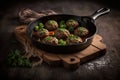 Meatballs served with sauce in frying pan. Tasty cooked meatballs served on wooden board, closeup, Generative AI