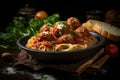 Meatballs and spagetti italian, garlic bread, Generated AI Royalty Free Stock Photo