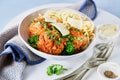 Meatballs with spaghetti, tomato sauce, parmesan cheese crumbles, broccolini, broccoli florets, vegan healthy dinner, lunch on Royalty Free Stock Photo