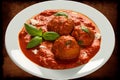 Meatballs in tomato sauce with basil leaves on a white plate.