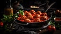 meatballs in tomato sauce in a large frying pan, surrounded by tomato, basil and spices, in a dark key