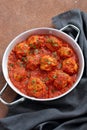 Meatballs in tomato sauce in metal pan Royalty Free Stock Photo