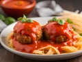 meatballs in tomato sauce and pasta on a plate