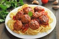 Meatballs with tomato sauce and spaghetti on plate Royalty Free Stock Photo