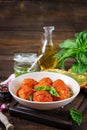 Meatballs in tomato sauce and toast with basil pesto. Dinner. Royalty Free Stock Photo