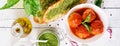 Meatballs in tomato sauce and toast with basil pesto. Dinner. Ta Royalty Free Stock Photo