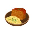 Meatloaf with mashed potato on plate vector illustration