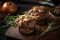 Meatloaf muffins made with a blend of ground beef and sausage, served with a side of sauteed mushrooms and onions