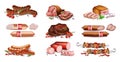 Meats set collection Vector realistic. Sausage, salami, bacon and barbecue detailed illustrations