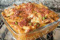 Meaty baked rigatoni in an oven pan of glass Royalty Free Stock Photo