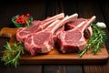 Meaty vision Raw lamb cutlets on bone, dark wooden background