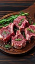 Meaty vision Raw lamb cutlets on bone, dark wooden background
