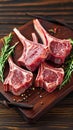 Meaty vision Raw lamb cutlets on bone, dark wooden background