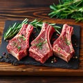 Meaty vision Raw lamb cutlets on bone, dark wooden background