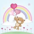 Teddy Bear flies with heart shaped balloons vector illustration Royalty Free Stock Photo
