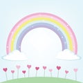Cute meadow and clouds with rainbow colorful vector illustration Royalty Free Stock Photo