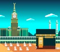 Mecca or Makkah, with Kaaba & muslims pray, flat design illustration with daylight banner or poster