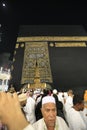 MECCA, SAUDI ARABIA - MAY 01 2018: The golden doors of the Holy Kaaba closeup, covered with Kiswah. Massive lock on the doors. Ent