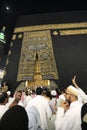 MECCA, SAUDI ARABIA - MAY 01 2018: The golden doors of the Holy Kaaba closeup, covered with Kiswah. Massive lock on the doors. Ent