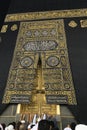 MECCA, SAUDI ARABIA - MAY 01 2018: The golden doors of the Holy Kaaba closeup, covered with Kiswah. Massive lock on the doors. Ent