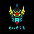 Mecha Head with japanese text and neon color, can use for mascot logo, gaming logo, tshirt and more