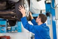 Mechanic adjusting the tire wheel Royalty Free Stock Photo