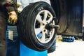 Mechanic balancing wheel with computer machine balancer at car service garage workshop Royalty Free Stock Photo