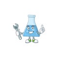 A mechanic blue chemical bottle mascot character fix a broken machine