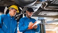 Mechanic in blue work wear uniform inspects the car bottom with his assistant. Automobile repairing service. Royalty Free Stock Photo