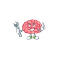 A mechanic brain mascot character fix a broken machine