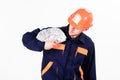 Mechanic with busy face in hard hat isolated