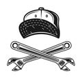 Mechanic cap and two crossed adjustable wrenches vector monochrome style illustration on graphic objects isolated on
