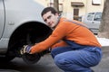 Mechanic and car brakes Royalty Free Stock Photo