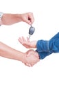 Mechanic or car dealer handing key to customer with handshake