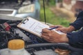 Mechanic car service auto garage in automotive mobile center. Technician workshop repair engine motor vehicles service mechanical Royalty Free Stock Photo