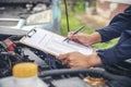 Mechanic car service auto garage in automotive mobile center. Technician workshop repair engine motor vehicles service mechanical Royalty Free Stock Photo