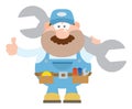 Mechanic Cartoon Character Holding Huge Wrench And Giving A Thumb Up Flat Style Royalty Free Stock Photo