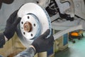 Mechanic changes the brake discs and pads on the car Royalty Free Stock Photo