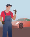 Mechanic changing car wheel in car service
