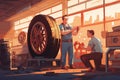 Mechanic changing tire of car in auto repair shop. Vector illustration, Car mechanics changing tire at auto repair shop garage, AI Royalty Free Stock Photo